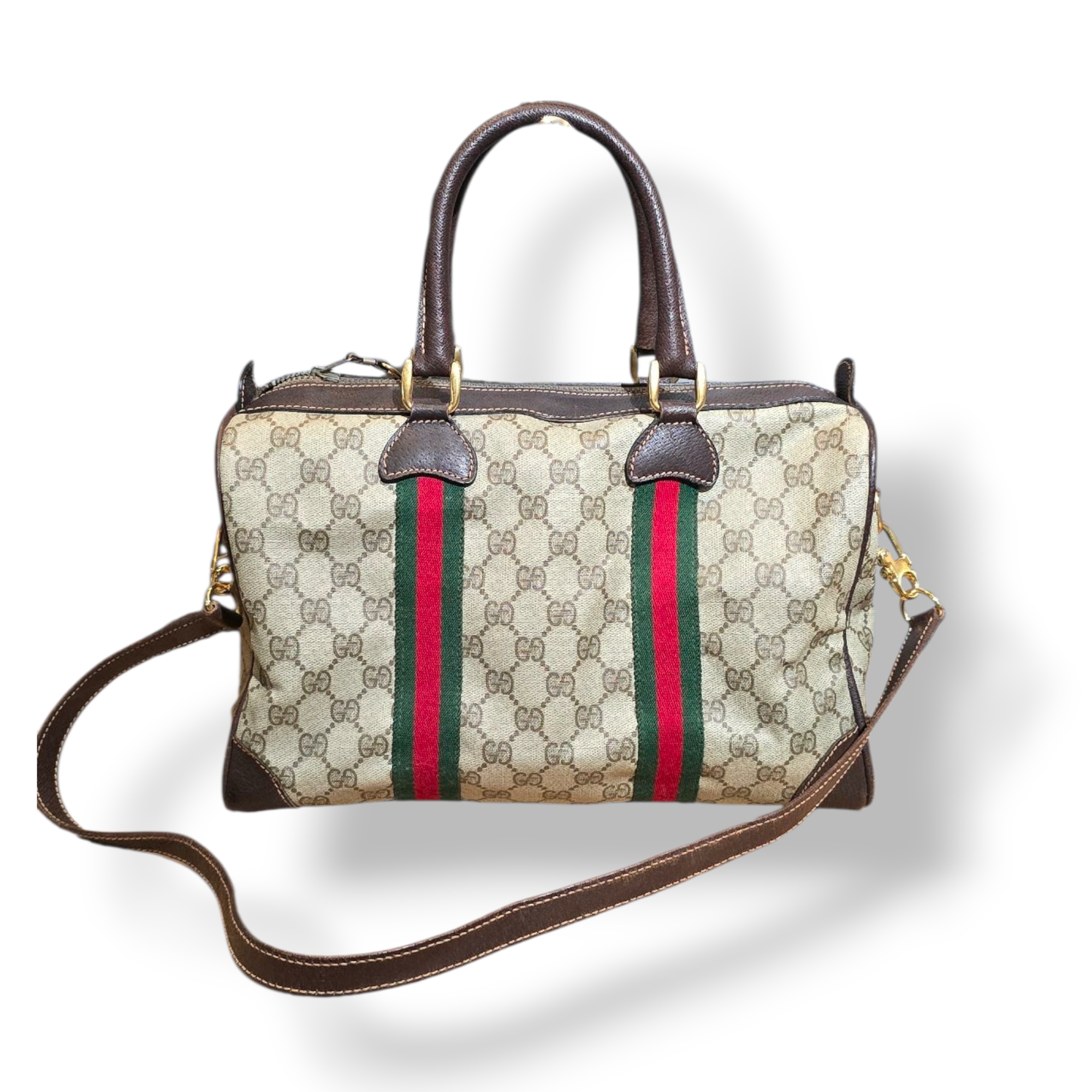 Gucci Vintage Gg Canvas Web Sherry Line Boston Bag Beige/ Red